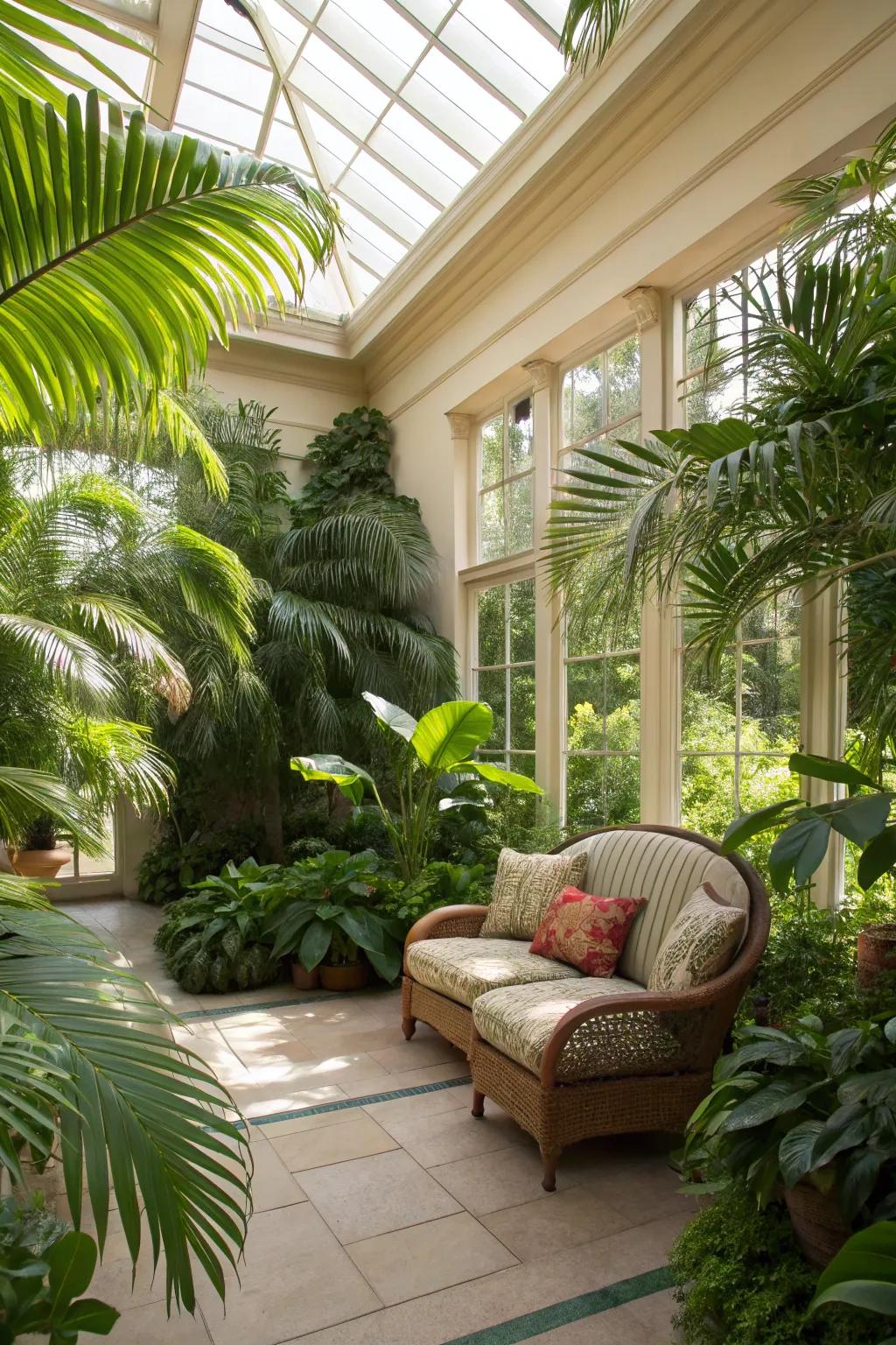 Transform your sunroom with lush tropical plants for an exotic feel