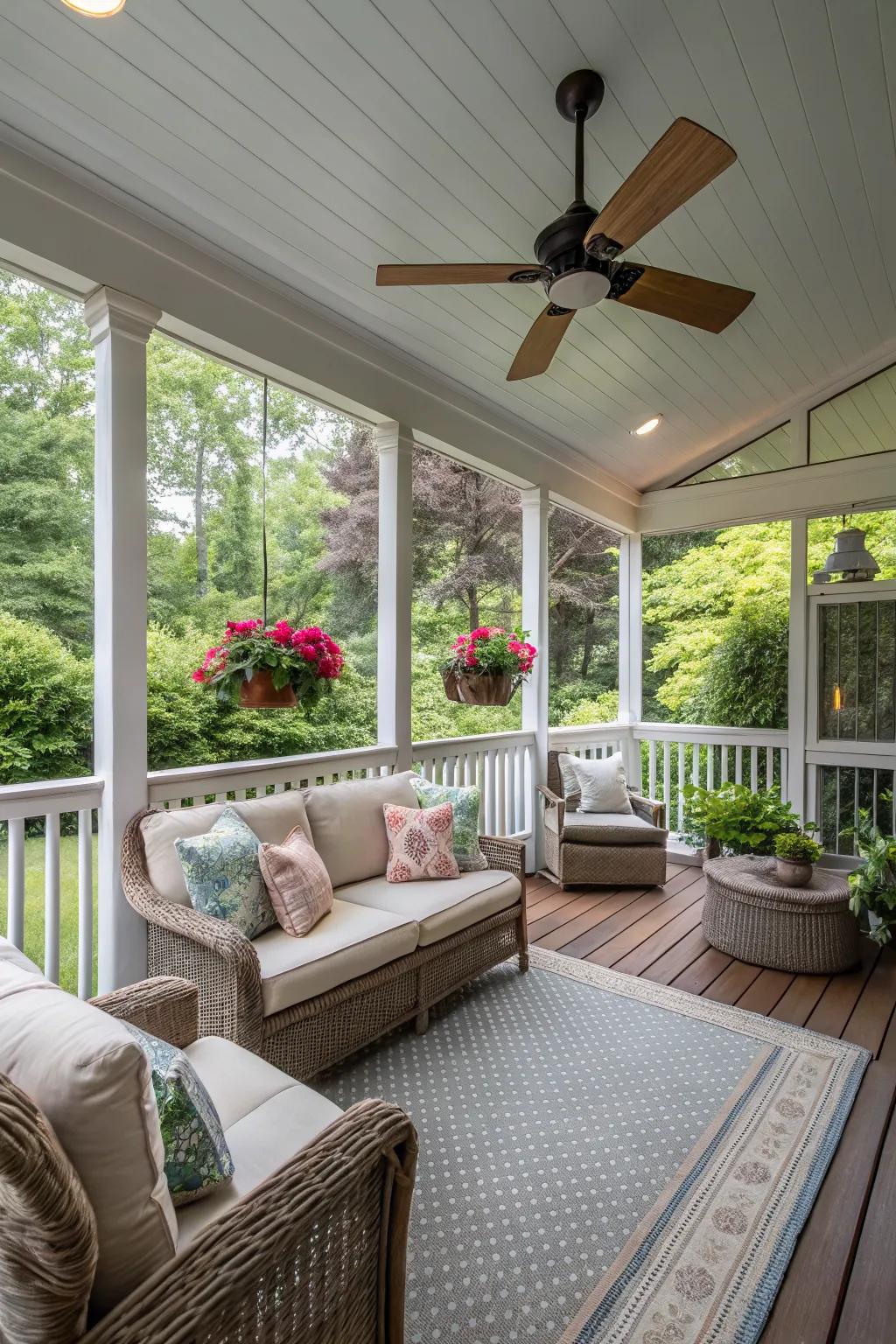 A serene screened-in porch that invites relaxation.