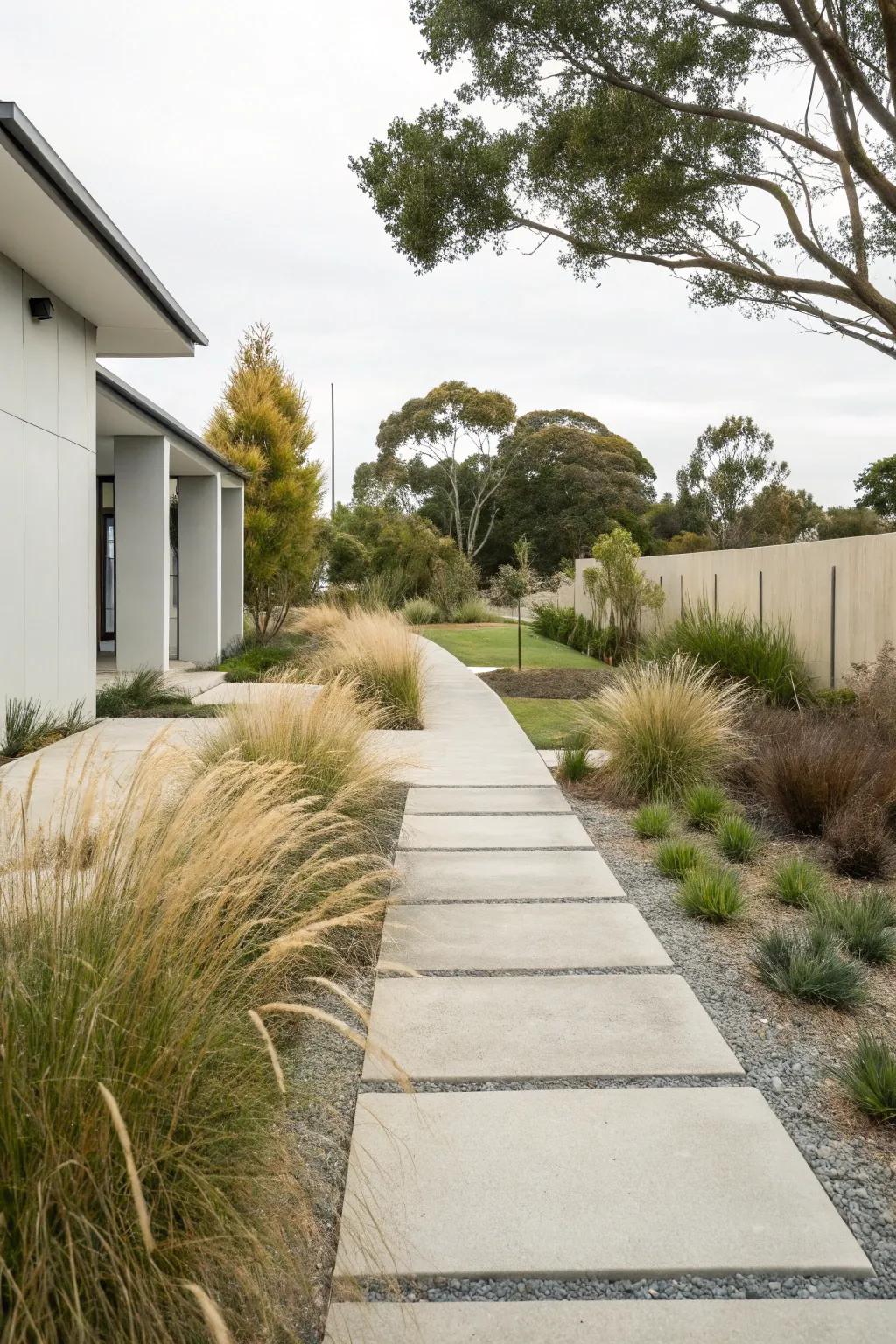 A minimalist garden with sleek concrete paths and native grasses.
