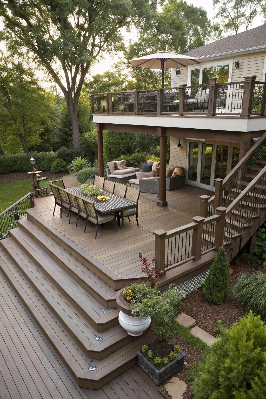 Multi-level decks offer varied spaces for different activities.