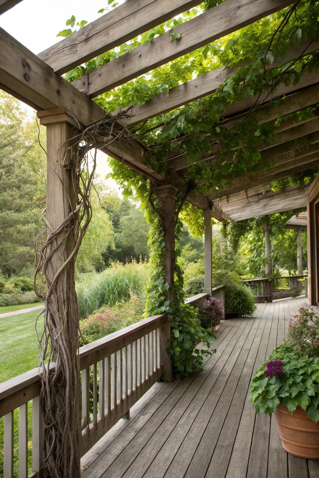 A pergola with exposed beams creates a perfect blend of shade and openness.