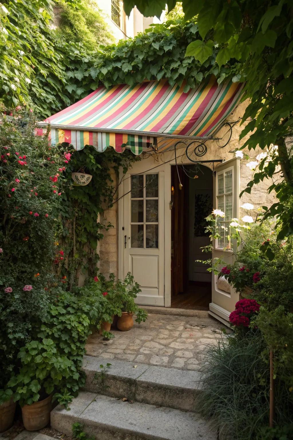 A vibrant awning adds both charm and function to your back door.