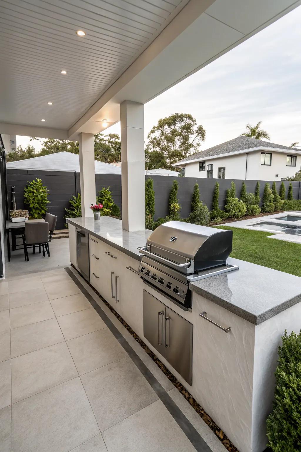 A modern back patio featuring a built-in grill for the ultimate cooking experience.