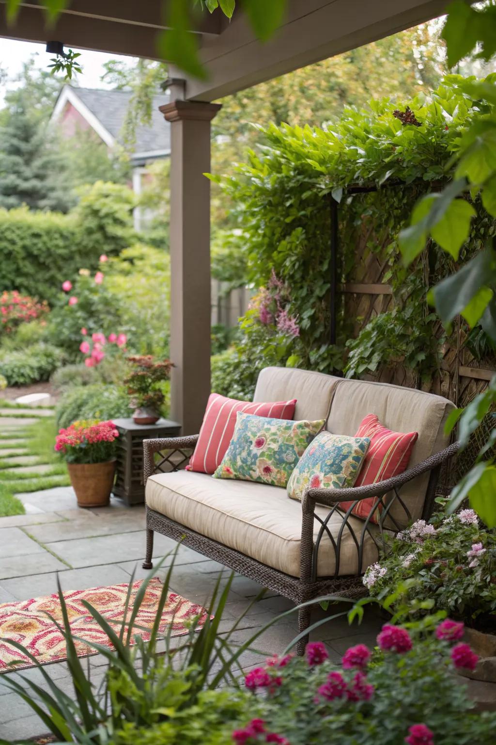 A cozy seating area with colorful cushions makes a perfect patio retreat.
