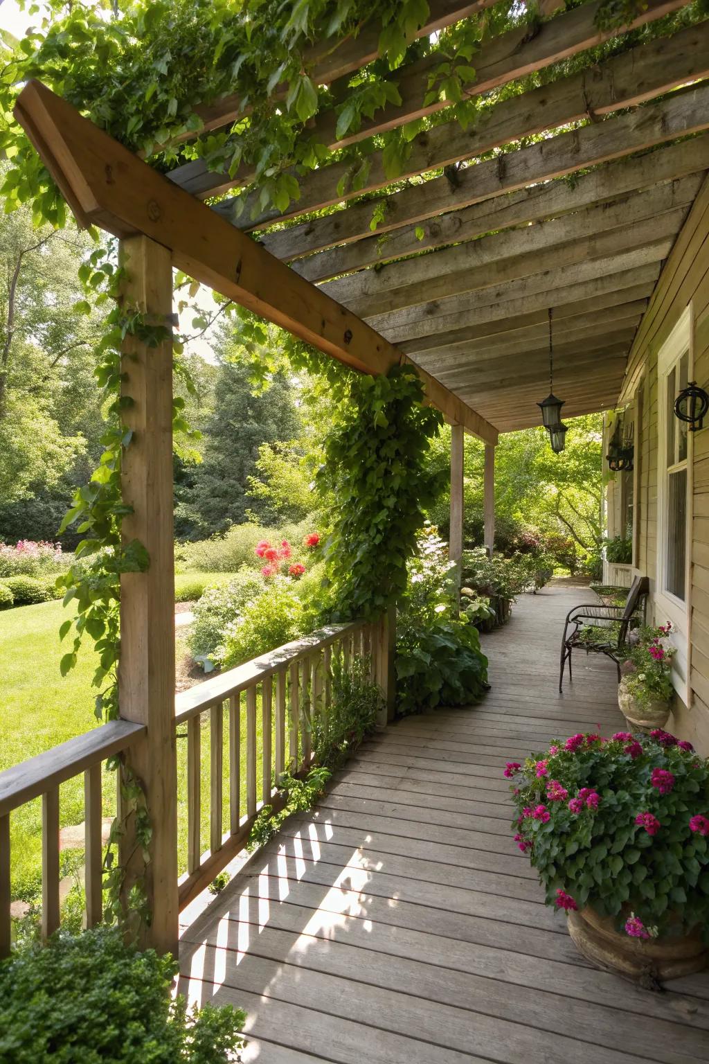 A wooden pergola over a back porch surrounded by vibrant plants.