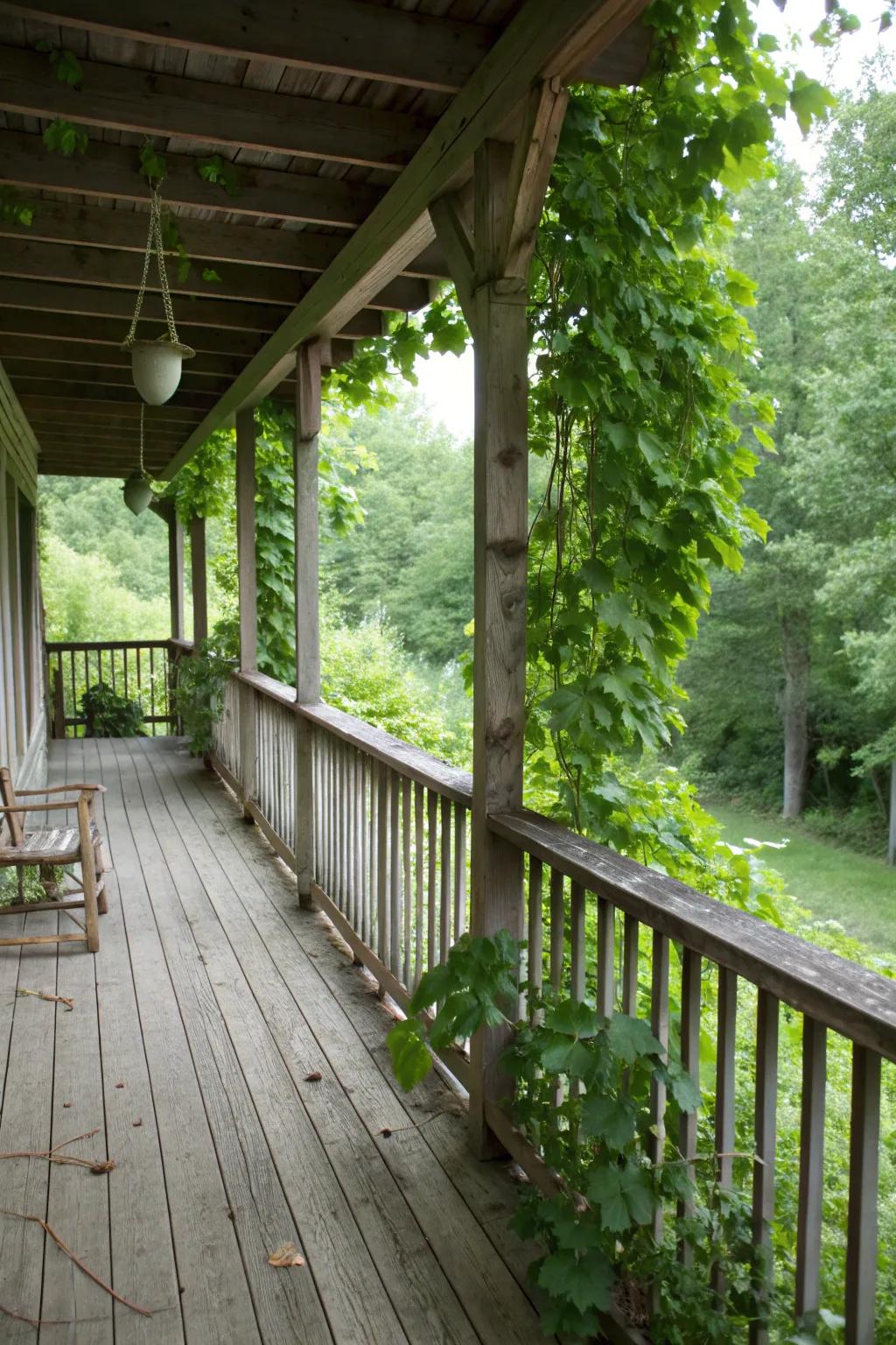 Rustic wooden railings add warmth and charm to any back porch.