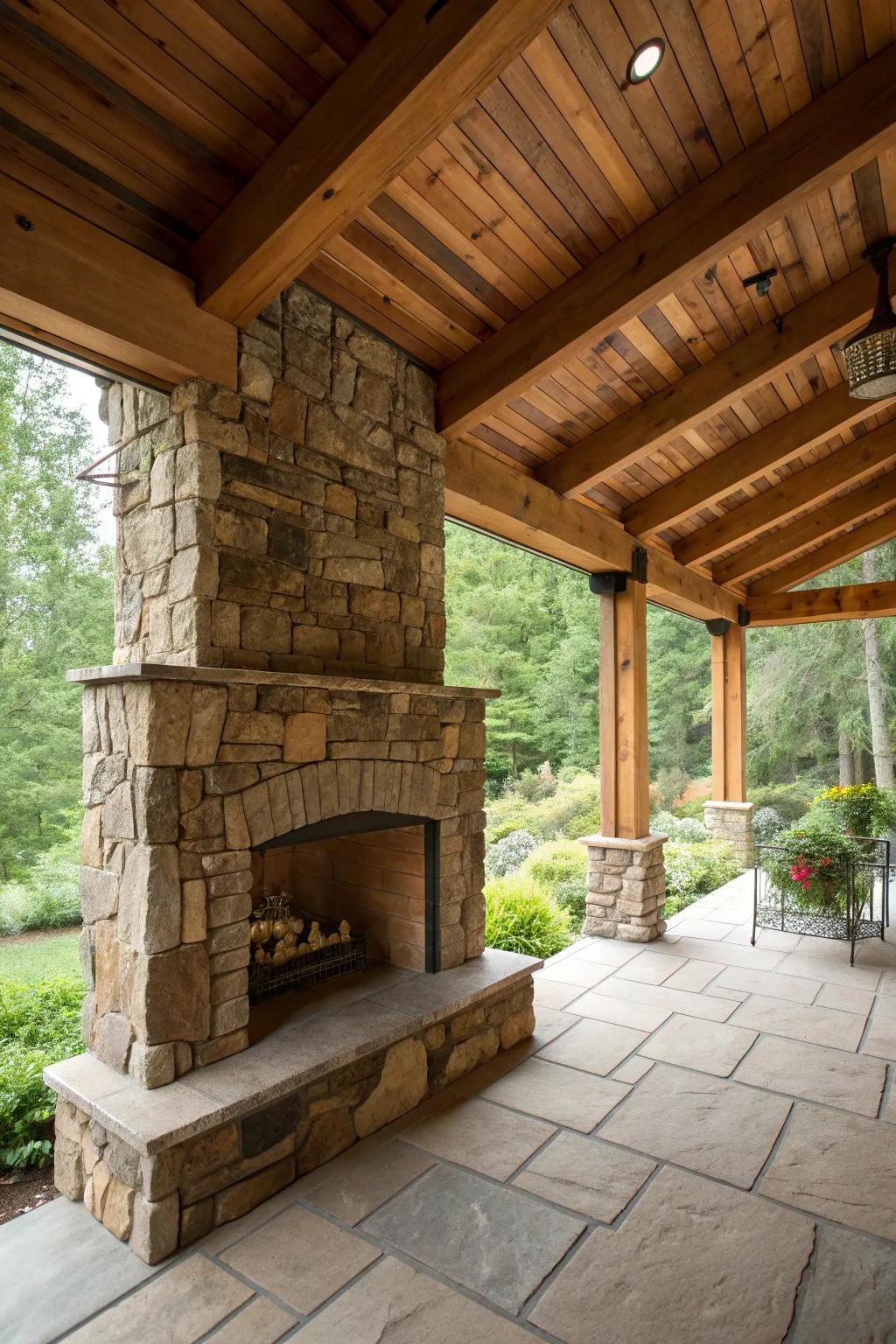 A rustic stone fireplace adding charm to a back porch.