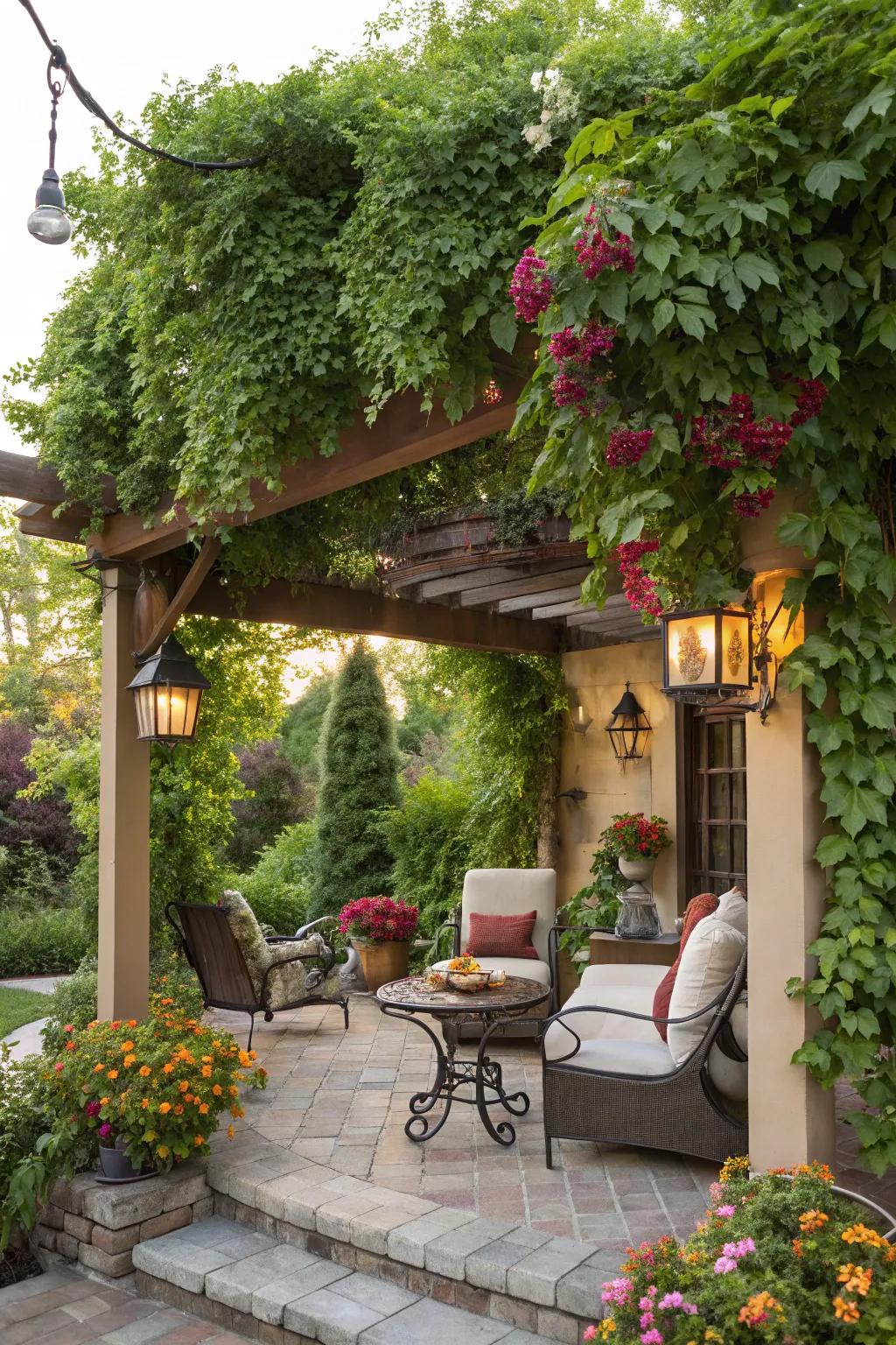 A lush pergola with climbing plants offering a shaded retreat.