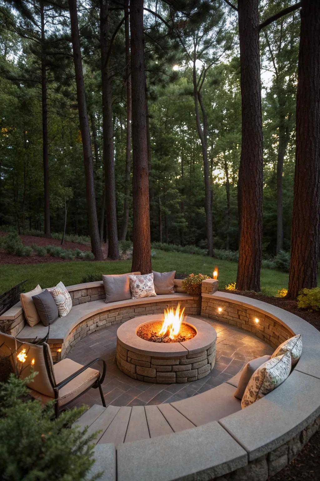 A welcoming fire pit with built-in seating, perfect for evening gatherings.