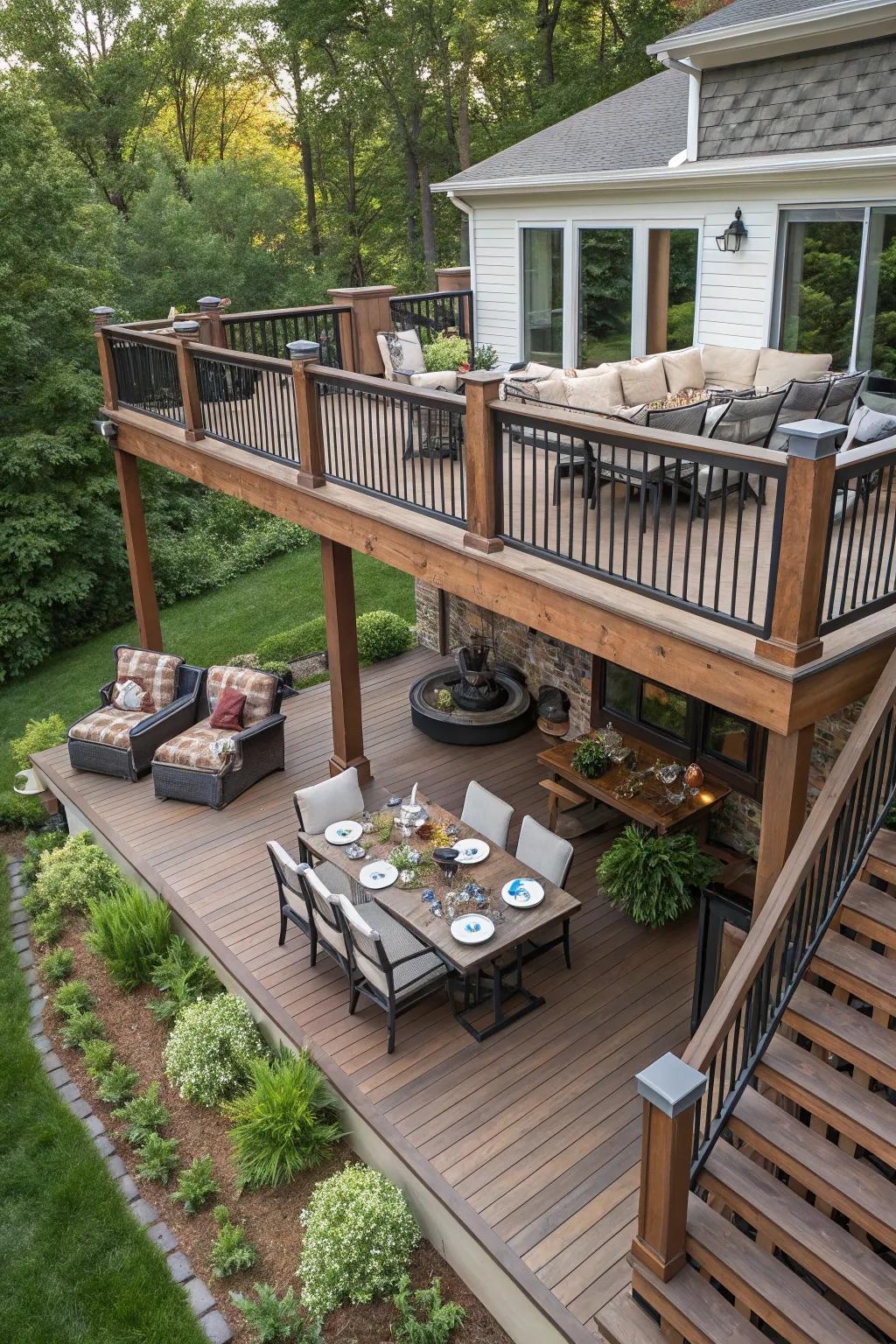 Design your deck with multi-functional zones for dining and relaxing.