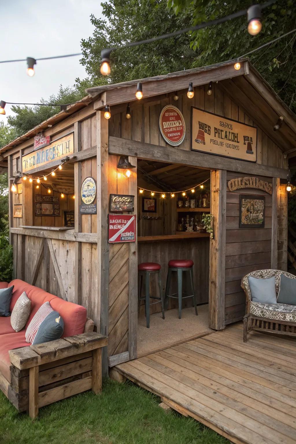 A rustic charm bar shed offers a warm and inviting atmosphere.