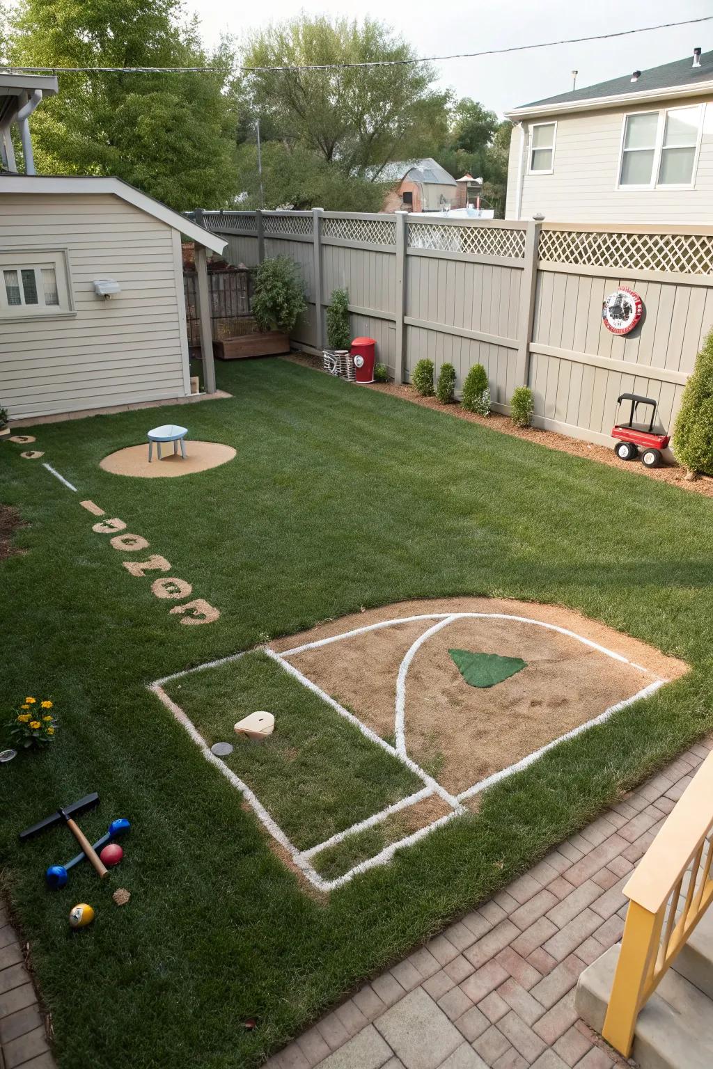 A cozy miniature baseball diamond for backyard fun.