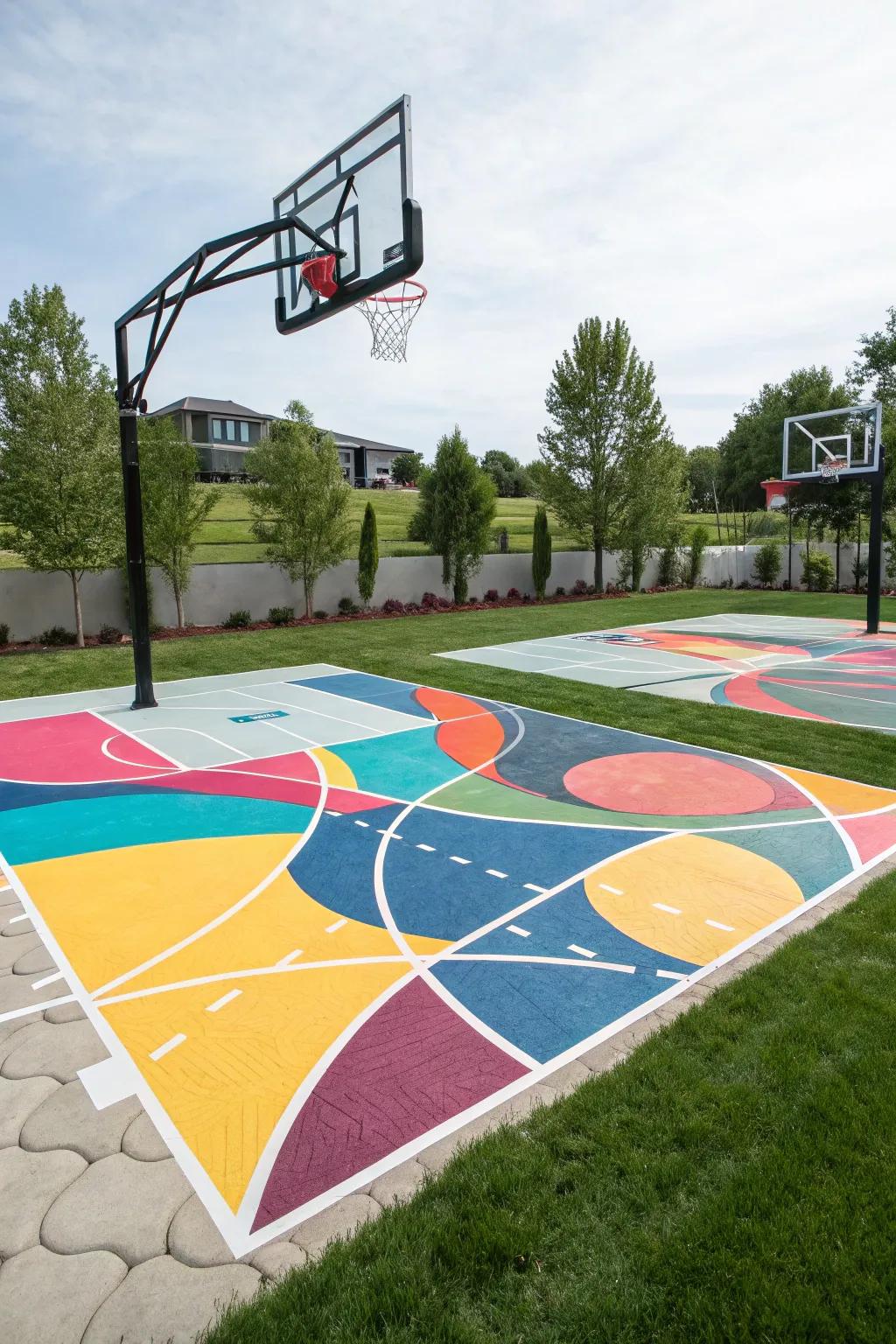 A vibrant backyard basketball court with eye-catching custom designs.