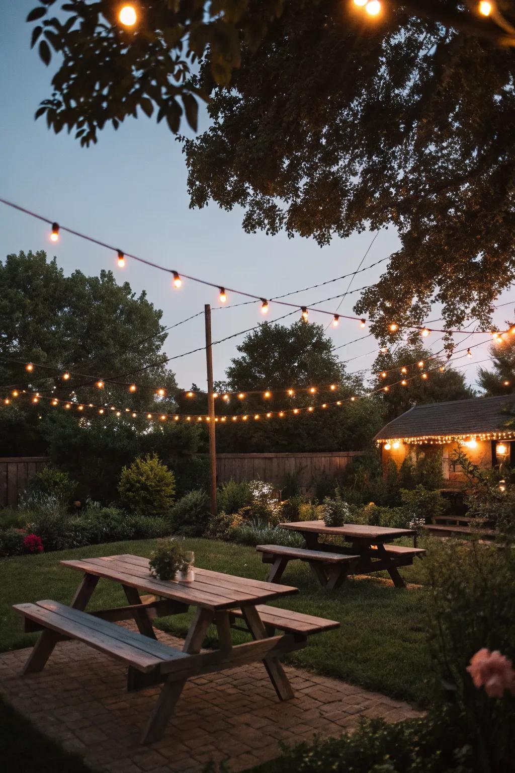 String lights add a magical touch to any evening BBQ gathering.