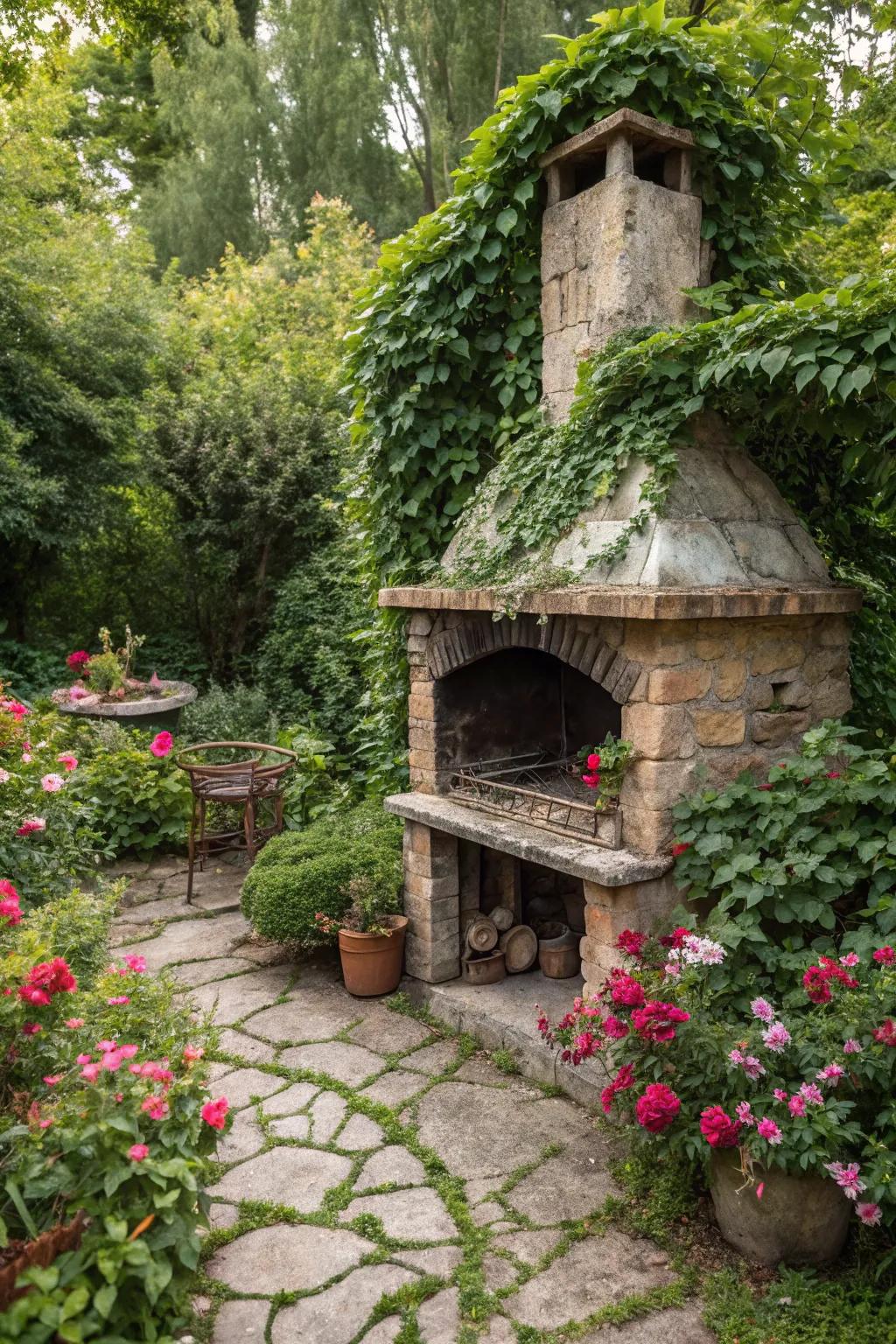 A classic stone BBQ pit blends seamlessly with natural surroundings.