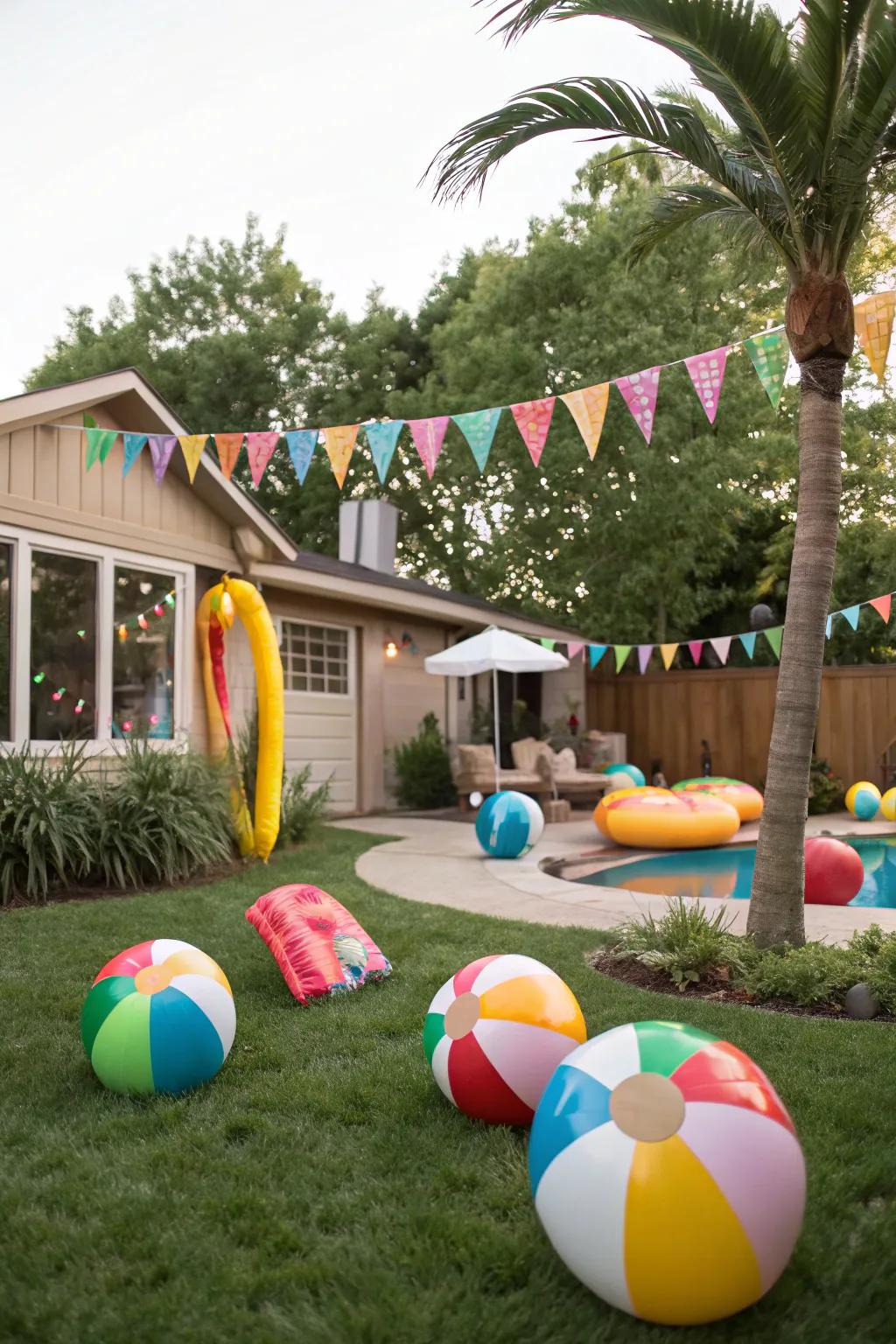 Backyard decorated with colorful beach balls, banners, and inflatable palm trees.