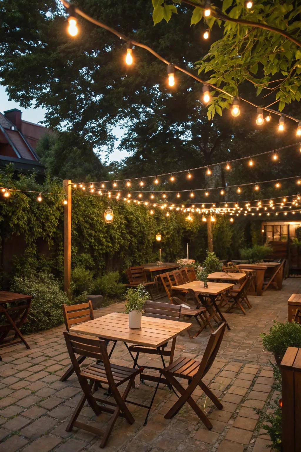 String lights create a cozy atmosphere perfect for evening gatherings.