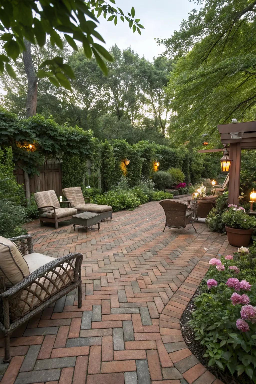 A timeless brick patio with a herringbone design.
