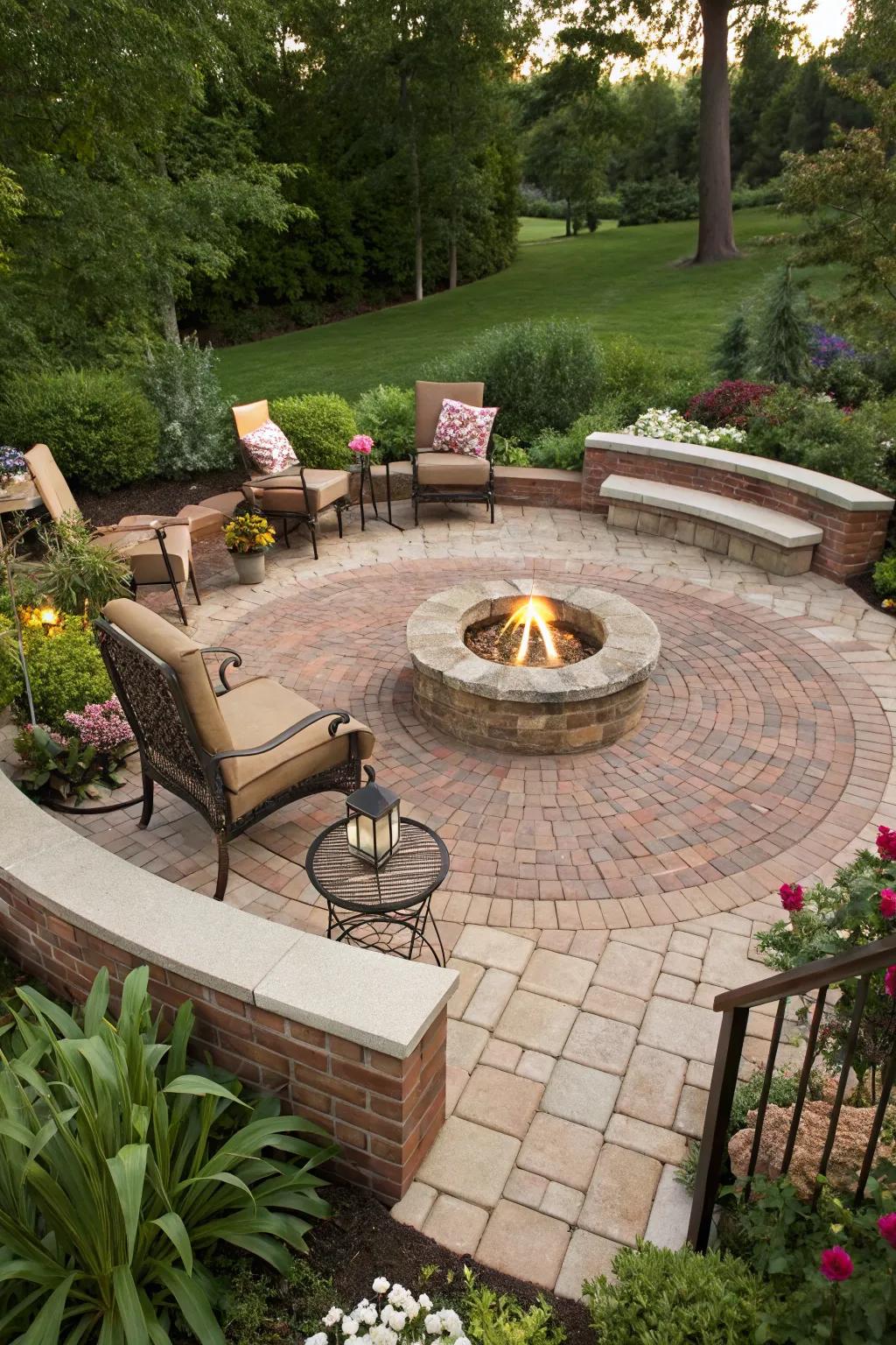 A circular brick patio creates a cozy and inviting outdoor retreat.