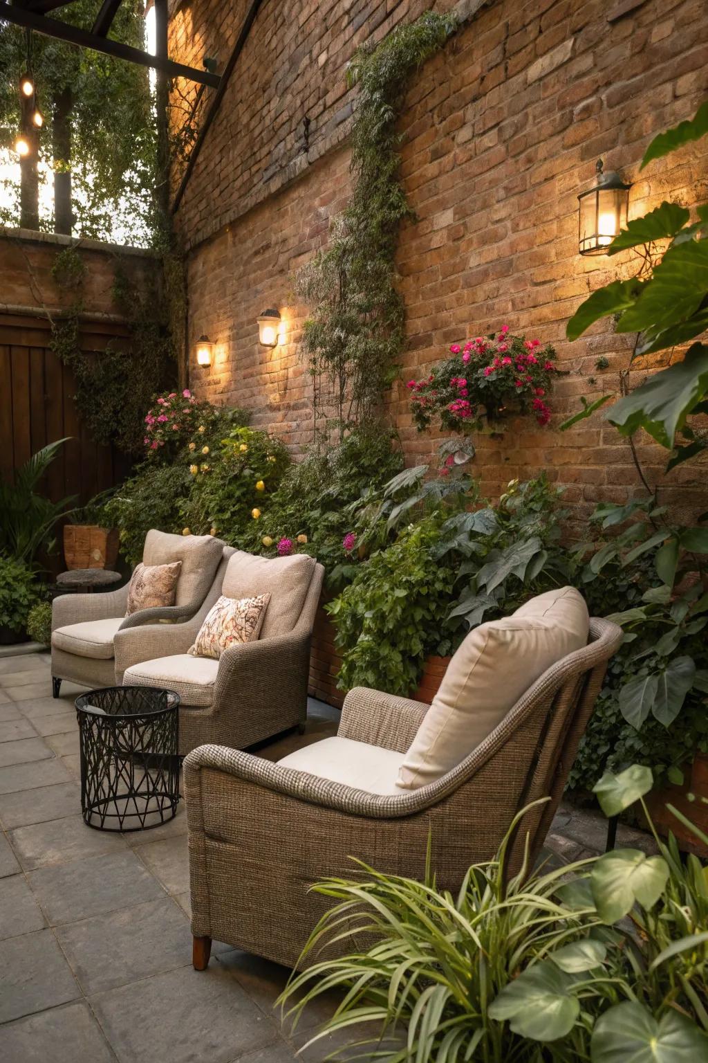 Create a cozy nook with a charming brick backdrop.