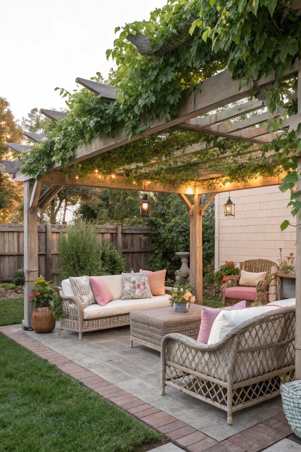 A backyard pergola offers shade and a perfect spot to unwind.