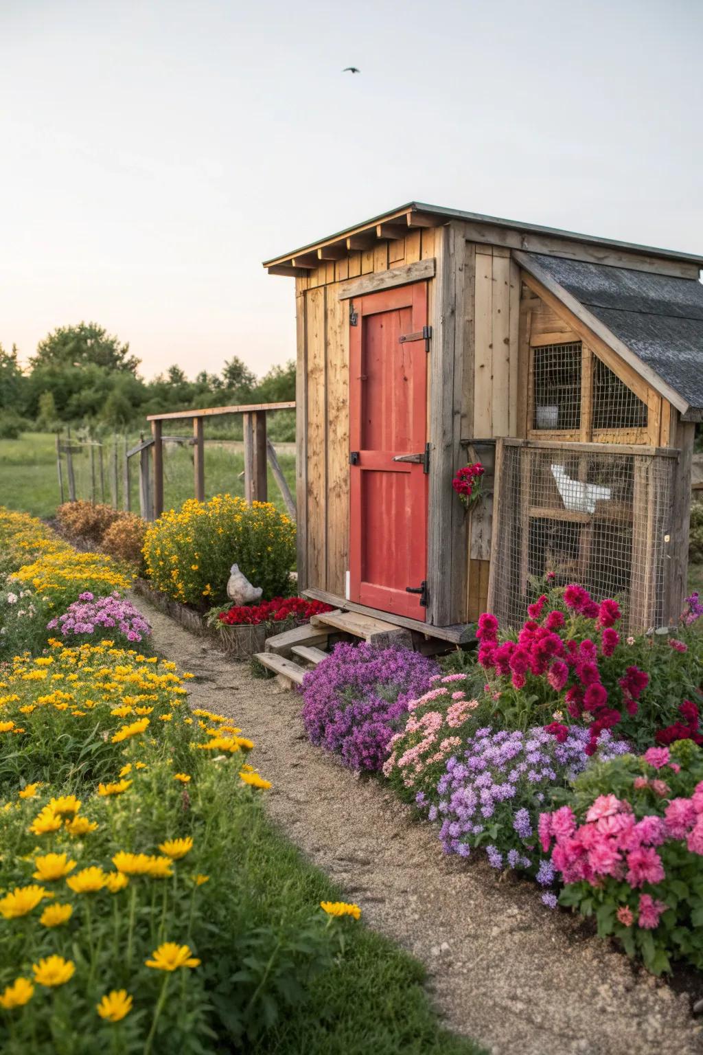 A vibrant flower border adds color and charm to this chicken coop.