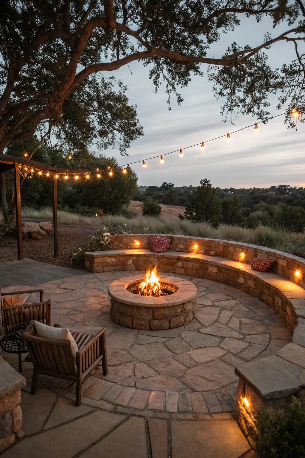 A circular patio featuring a central fire pit, inviting warmth and chatter.