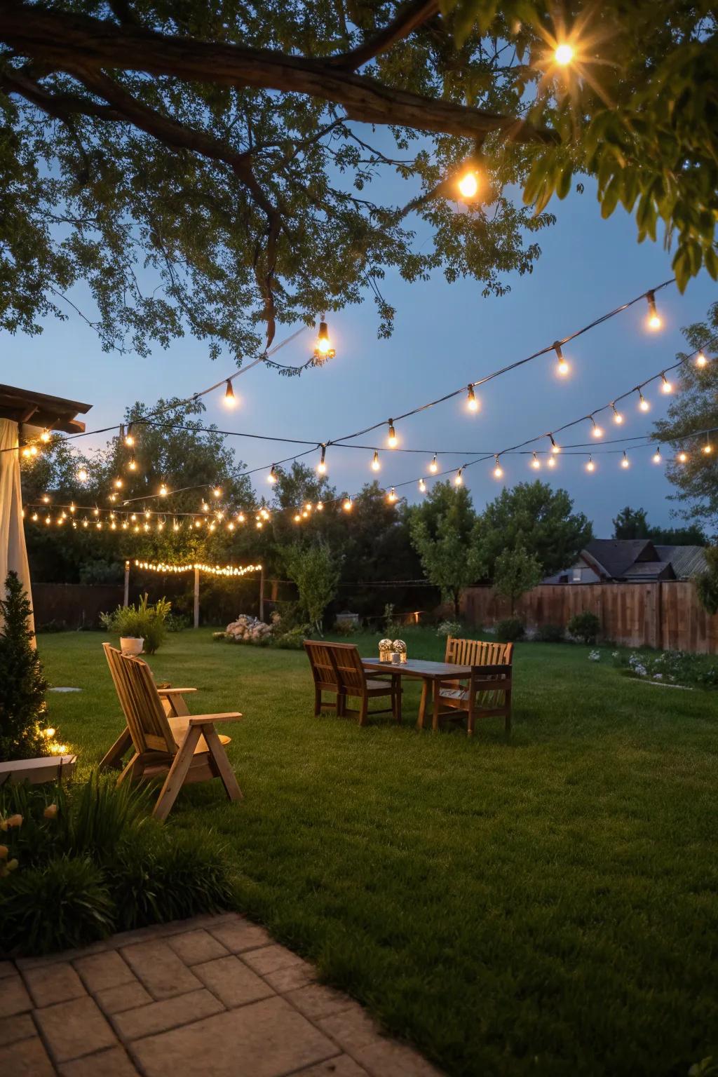 Twinkling string lights create an enchanting atmosphere for your backyard concert.