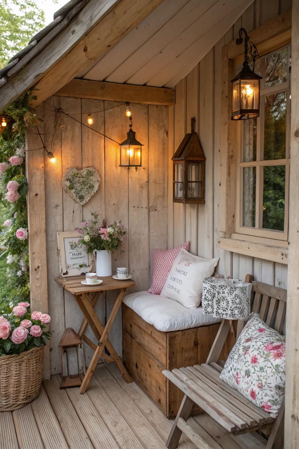 A cozy rustic nook made from reclaimed wood in a backyard setting.
