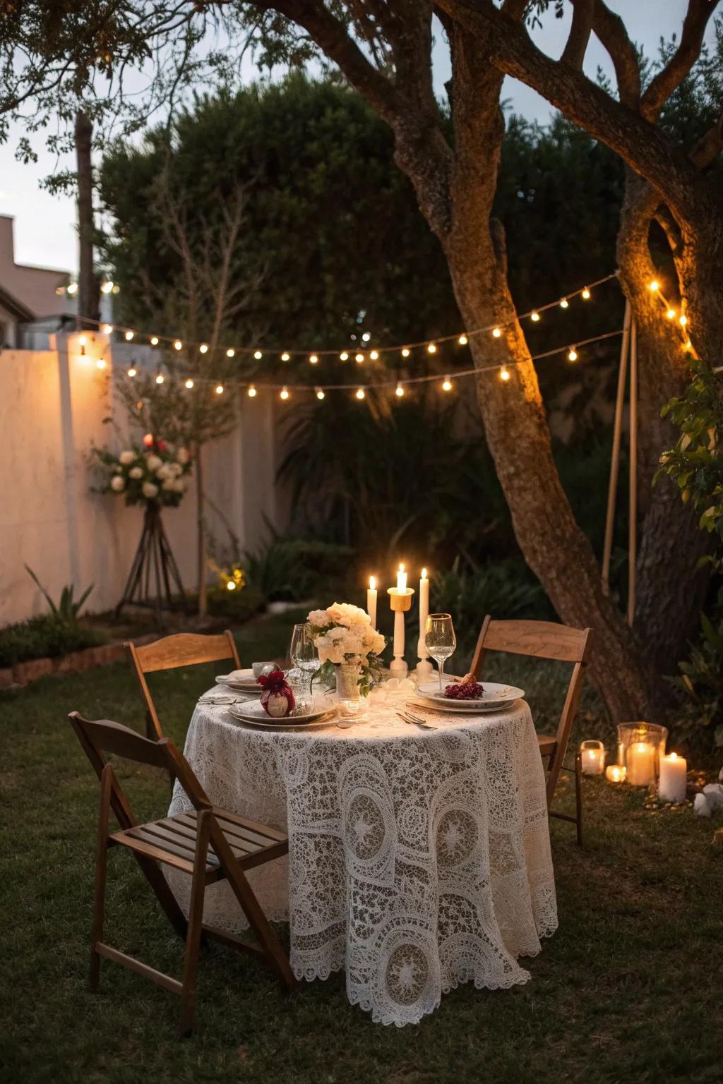 A candlelit dinner setup transforms your backyard into a romantic escape.