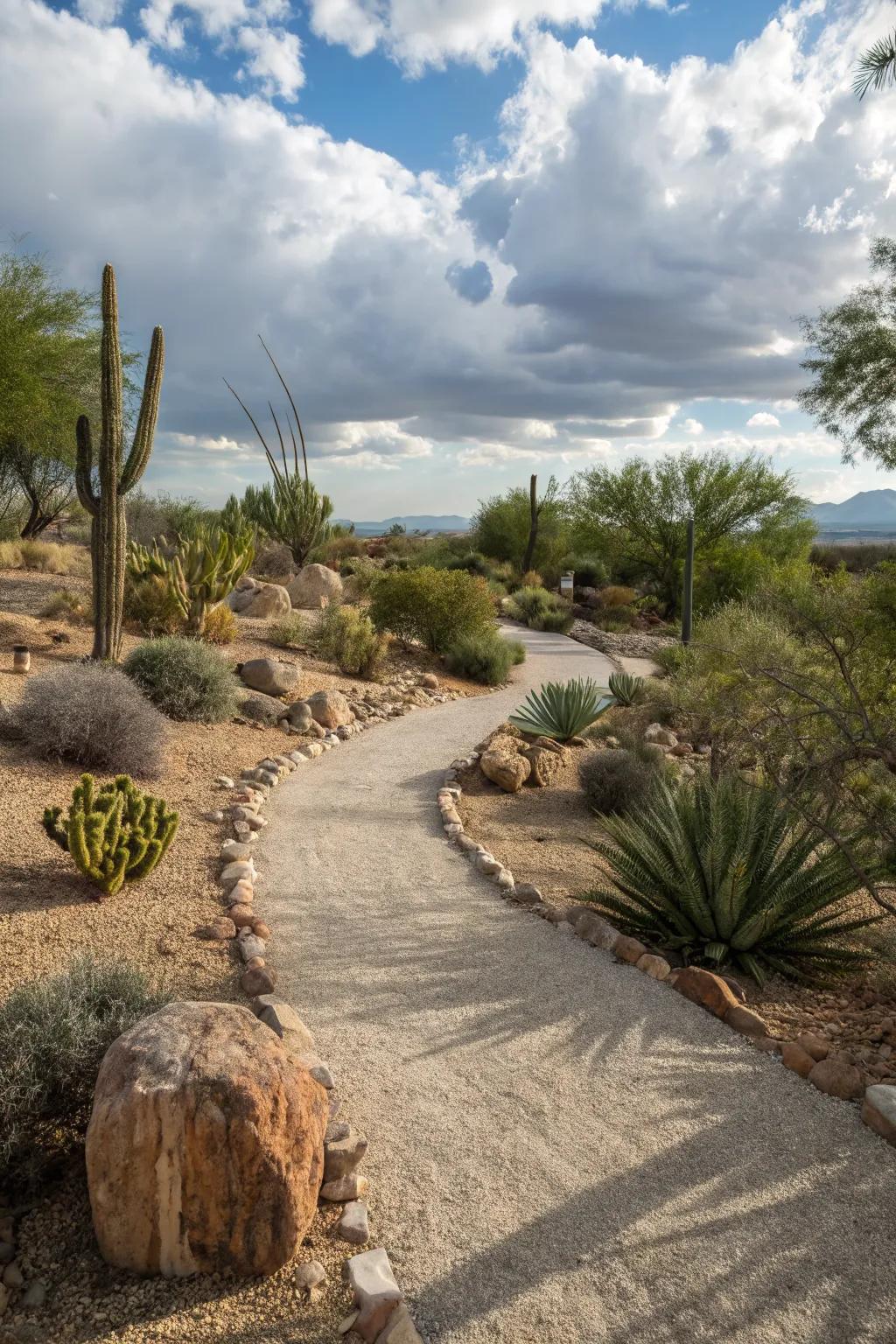 Gravel pathways add charm and functionality to desert landscapes.