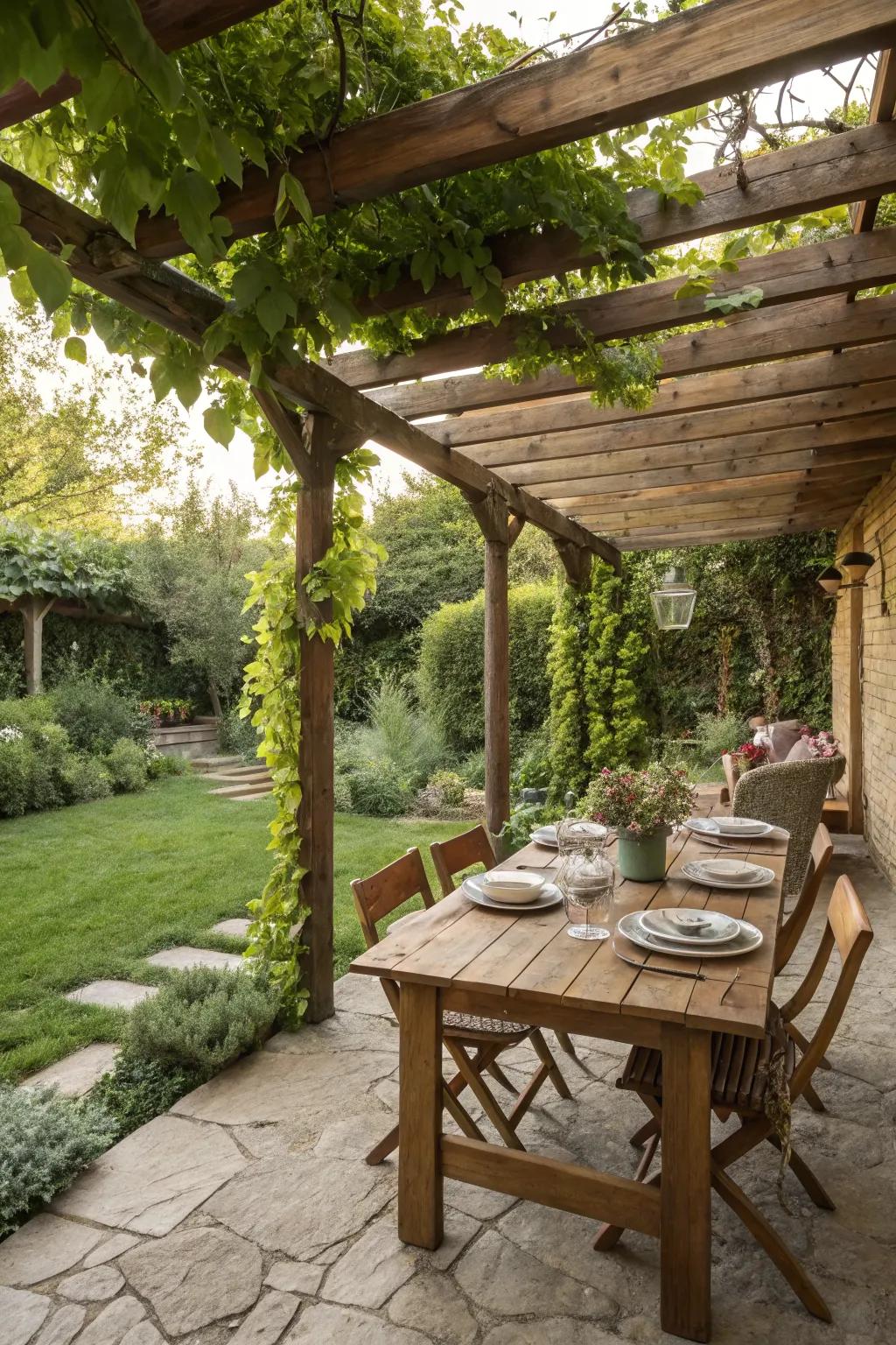 A pergola creates a cozy and shaded dining area that blends beautifully with nature.
