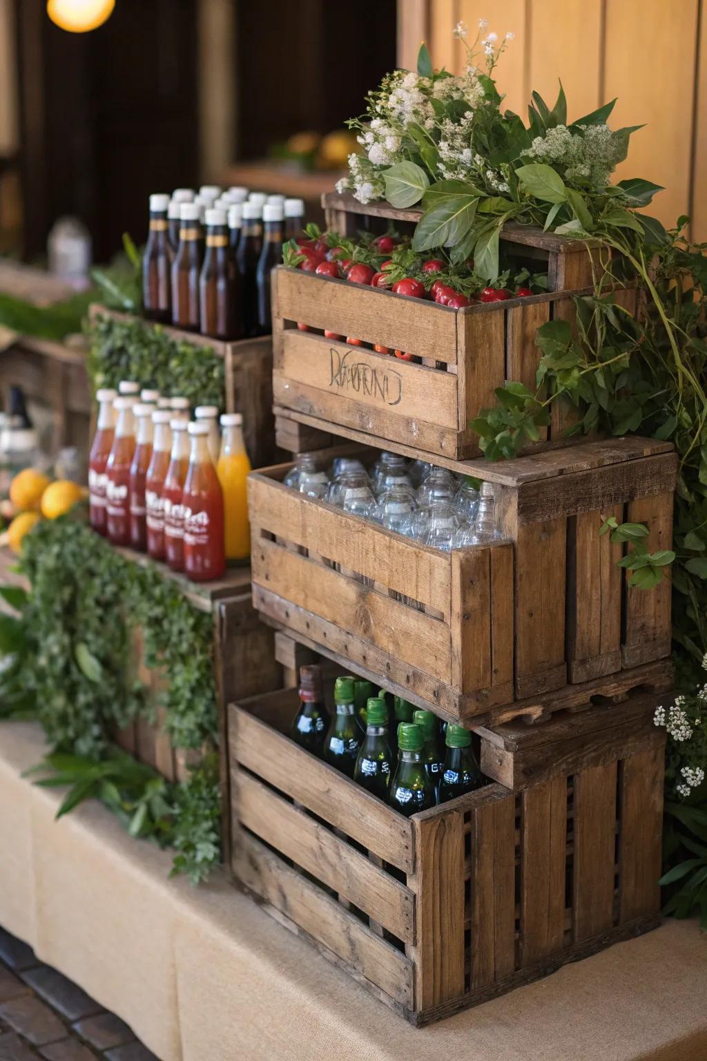 A rustic drink station using wooden crates for a vintage look.