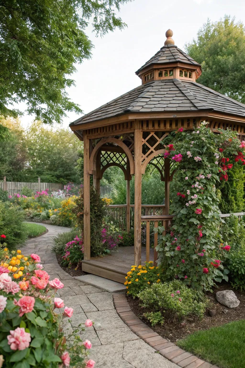A traditional wooden gazebo brings classic charm to any garden.