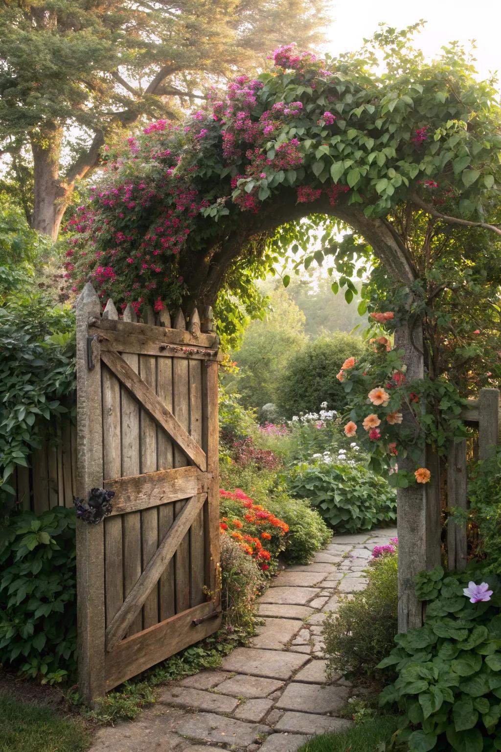 An arched gateway with a rustic wooden gate, adorned with colorful vines.