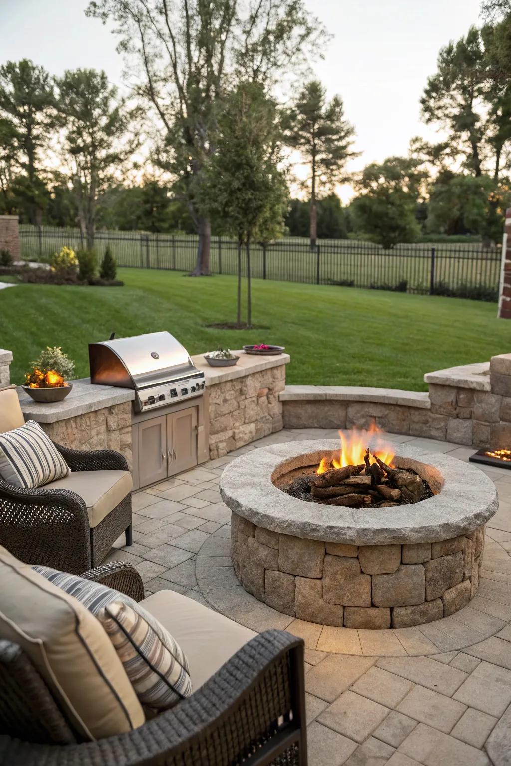 A stone-crafted fire pit with a built-in grill offers both style and function.