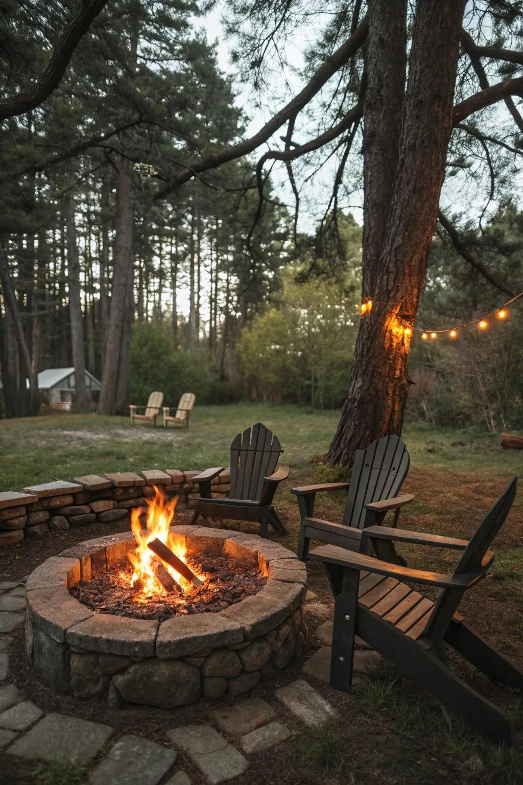 A rustic stone circle fire pit creates a natural and inviting atmosphere.
