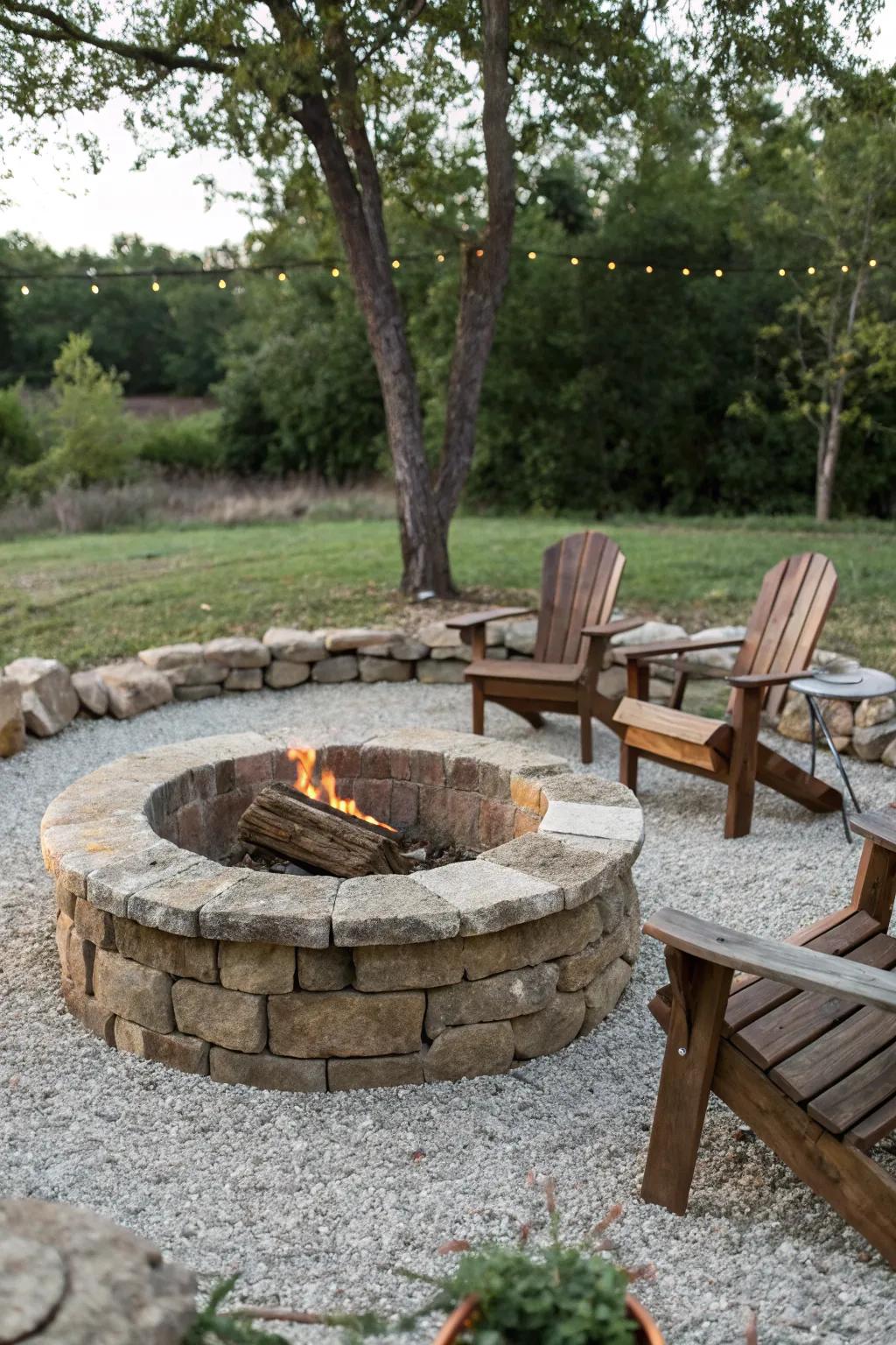 Rustic stone fire pit adds countryside charm to your backyard.