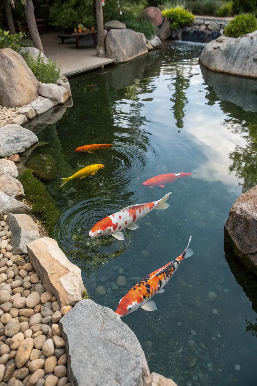 A vibrant koi pond adds dynamic beauty to any garden.