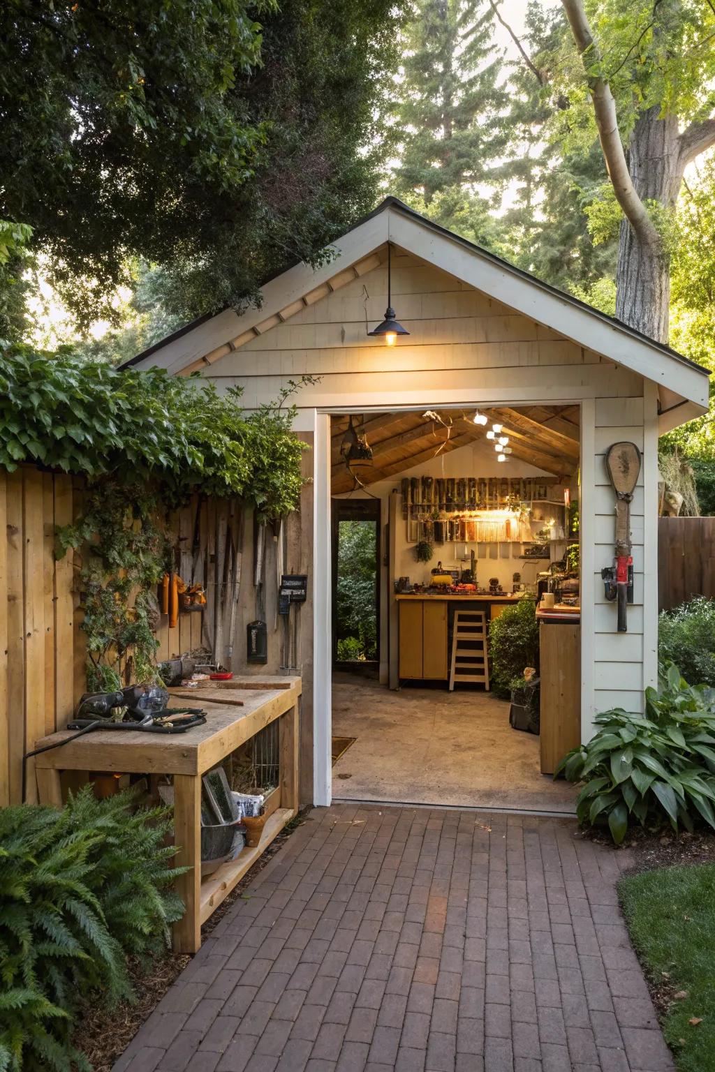 A backyard garage transformed into a cozy and functional workshop.