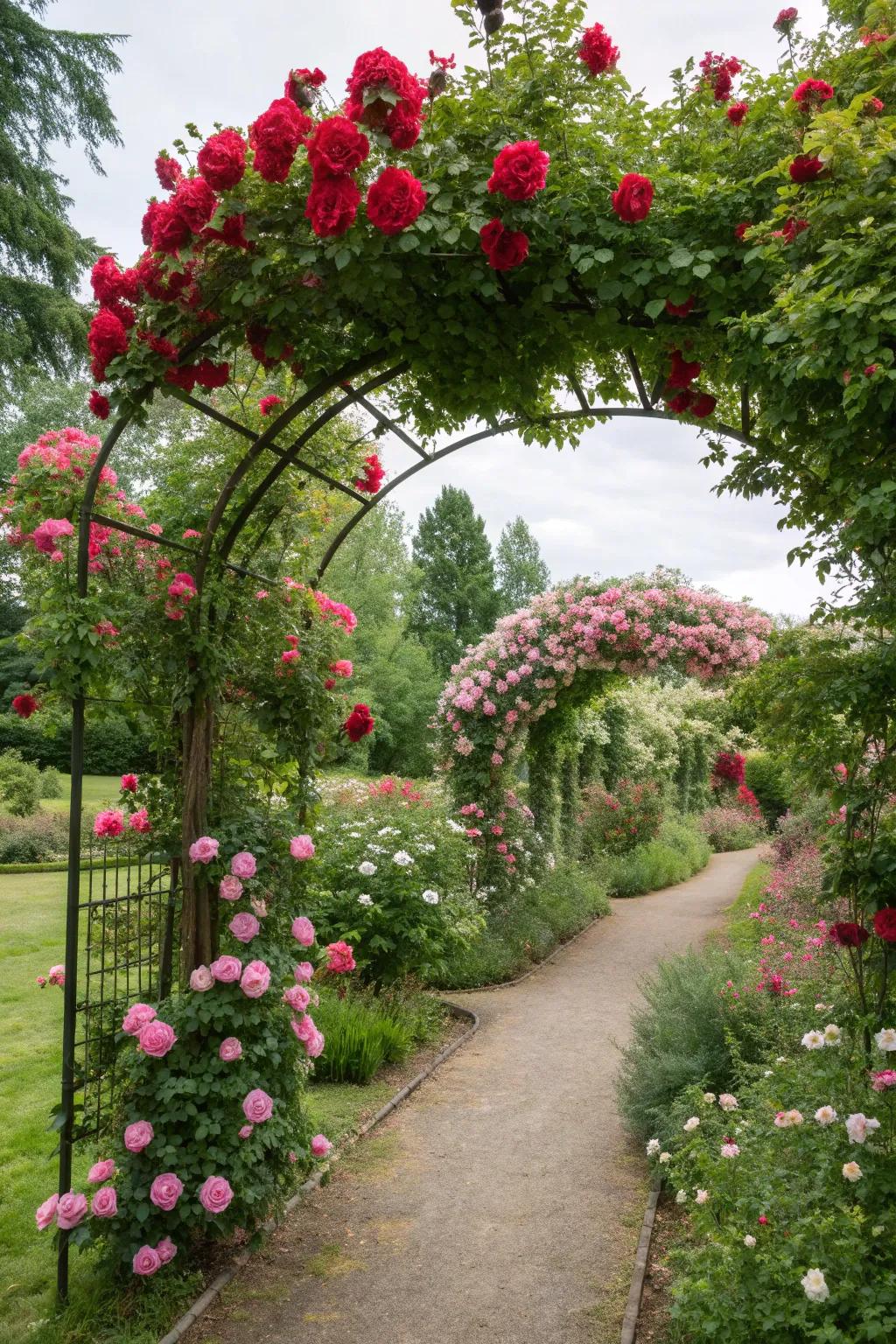 A classic rose-covered arch creates a romantic garden atmosphere.