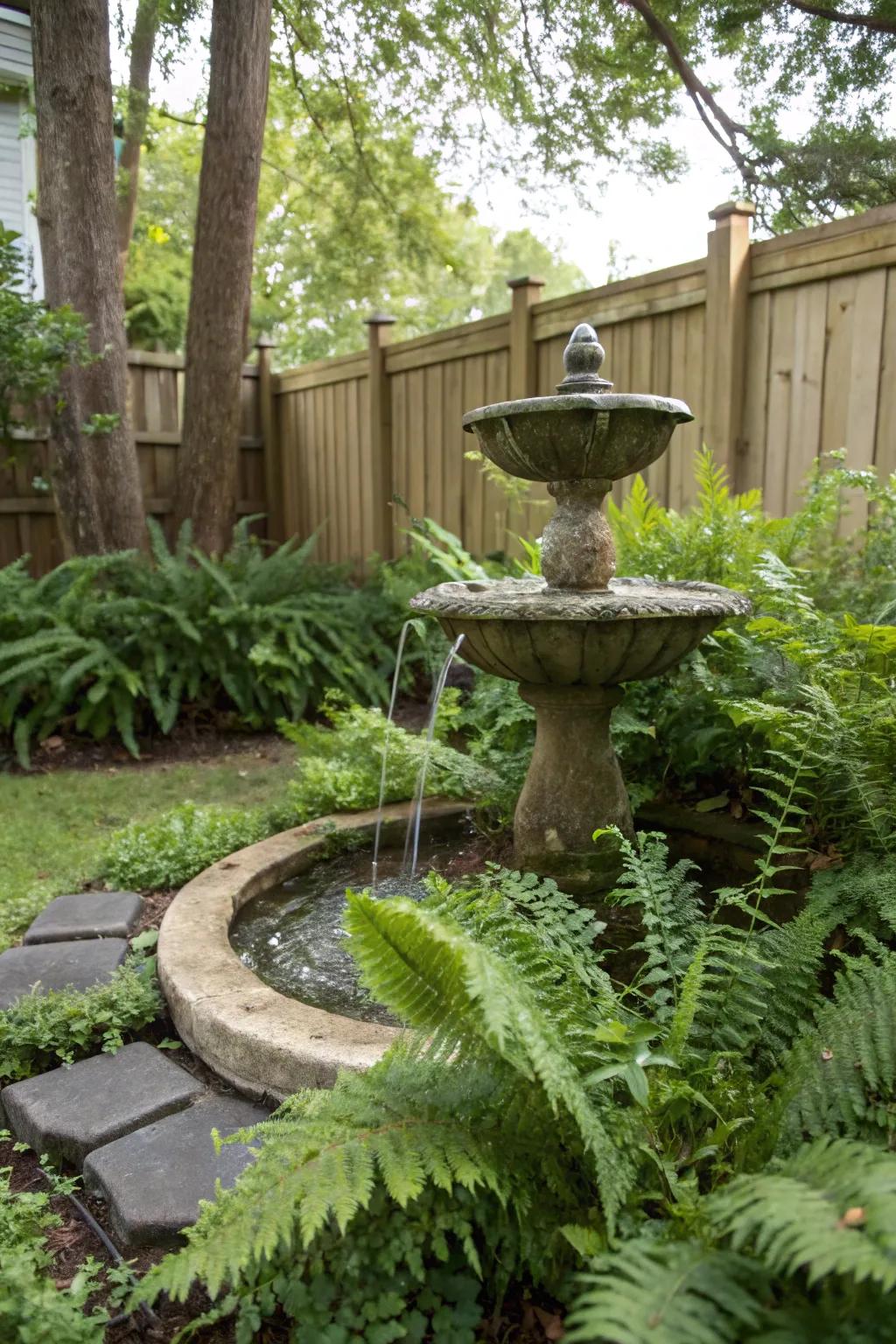 A natural stone fountain brings peace and beauty to any garden space.