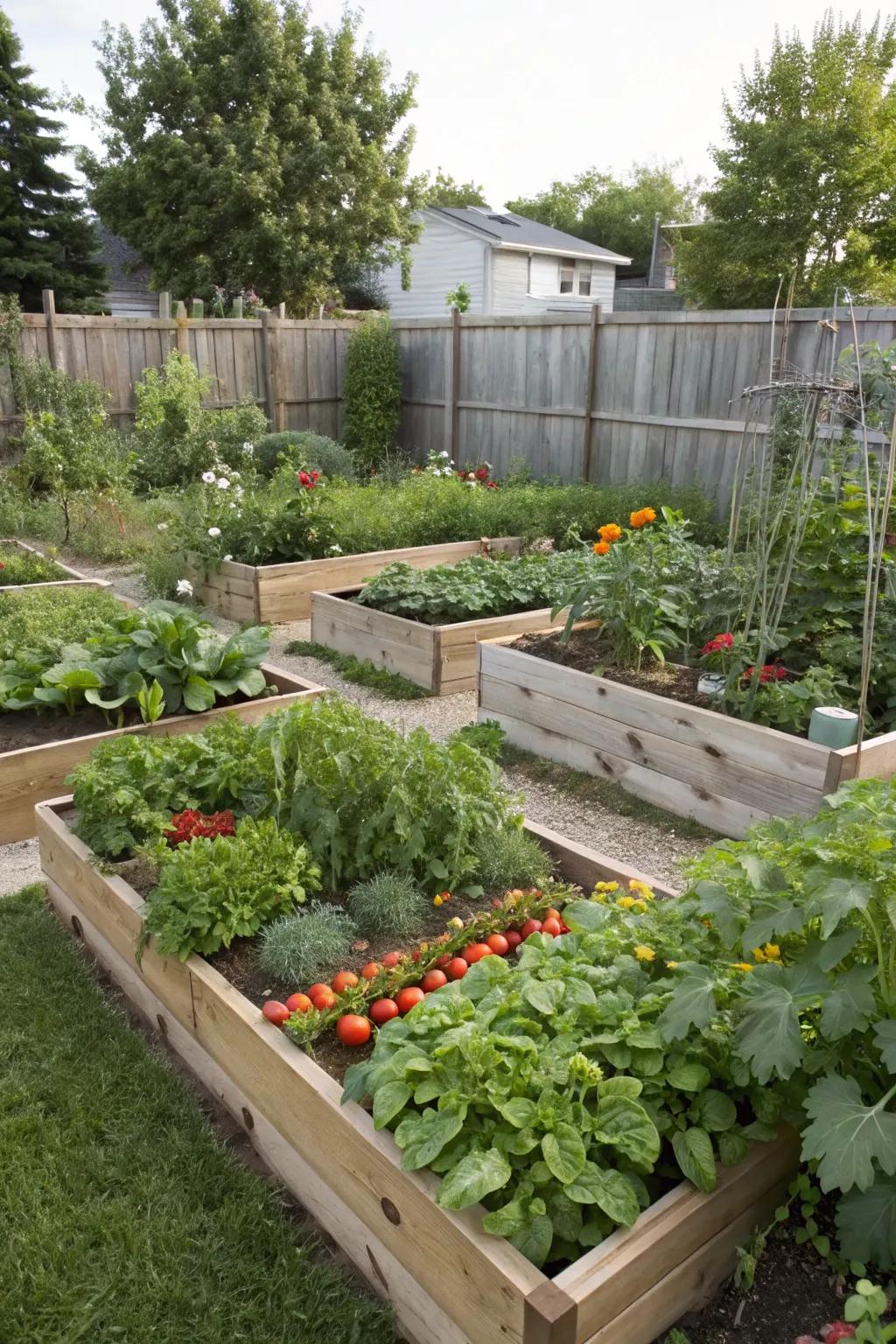 Raised garden beds filled with thriving plants.
