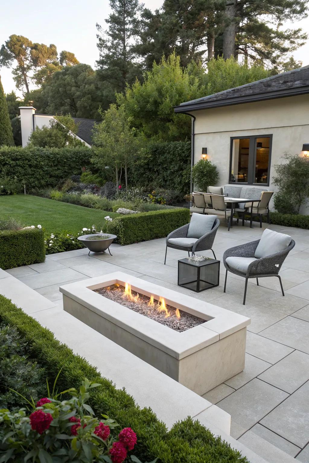 Achieve a sleek look with a modern minimalist gas fire pit design.