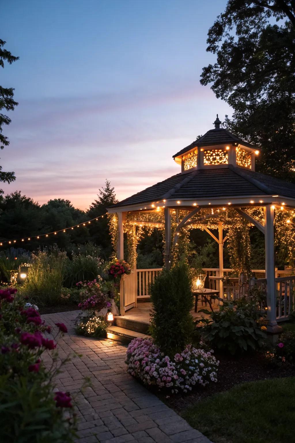 String lights give this gazebo a charming, cozy glow that's perfect for evenings.