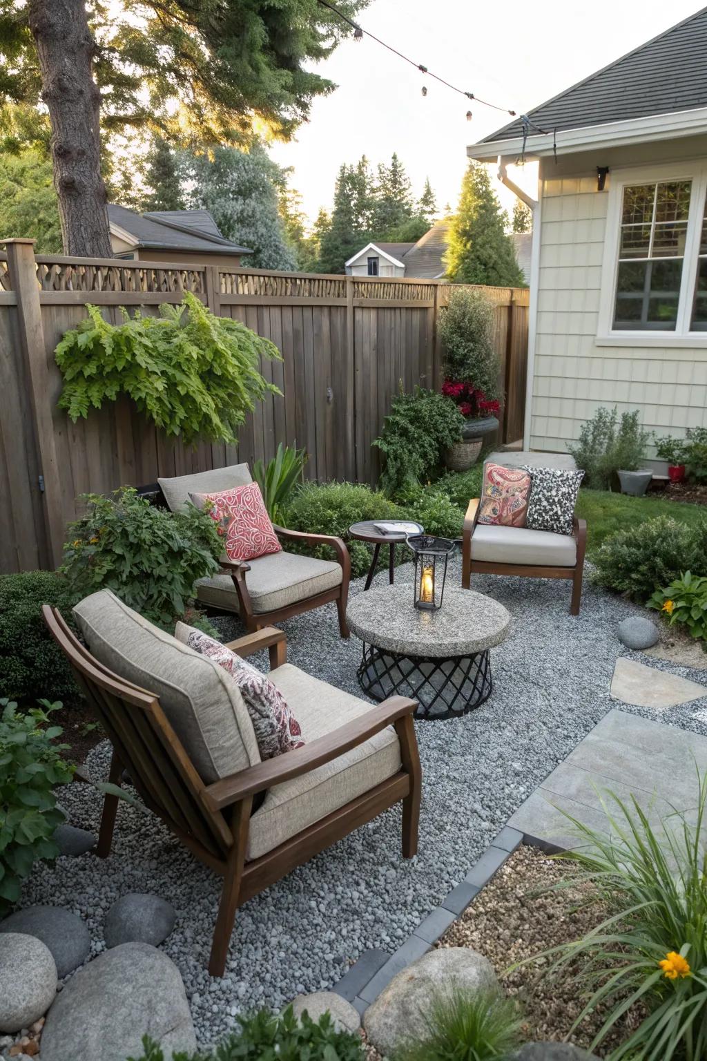 Create a relaxing seating nook with soft cushions and greenery.