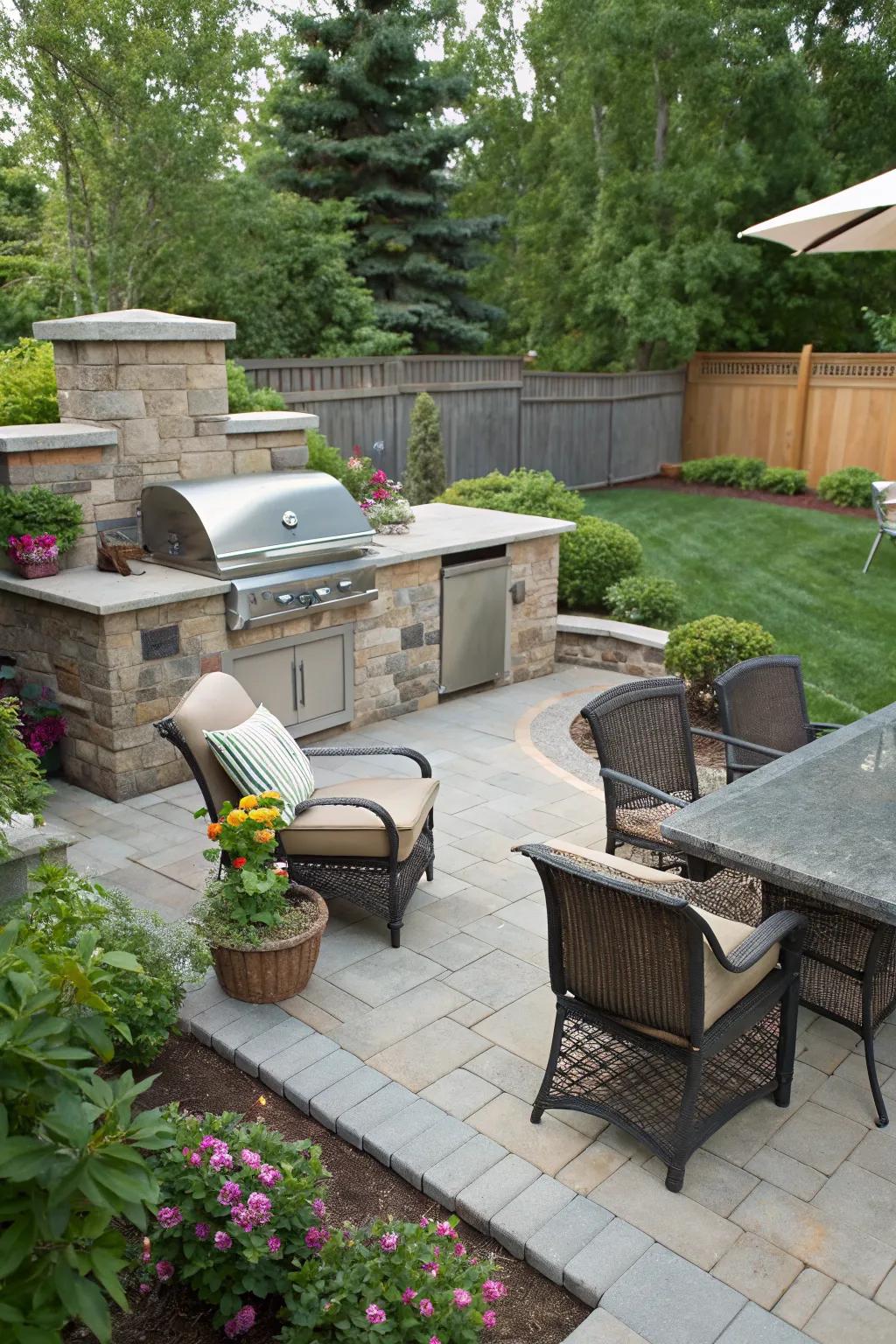 A built-in stone grill creates a stunning focal point for any patio.
