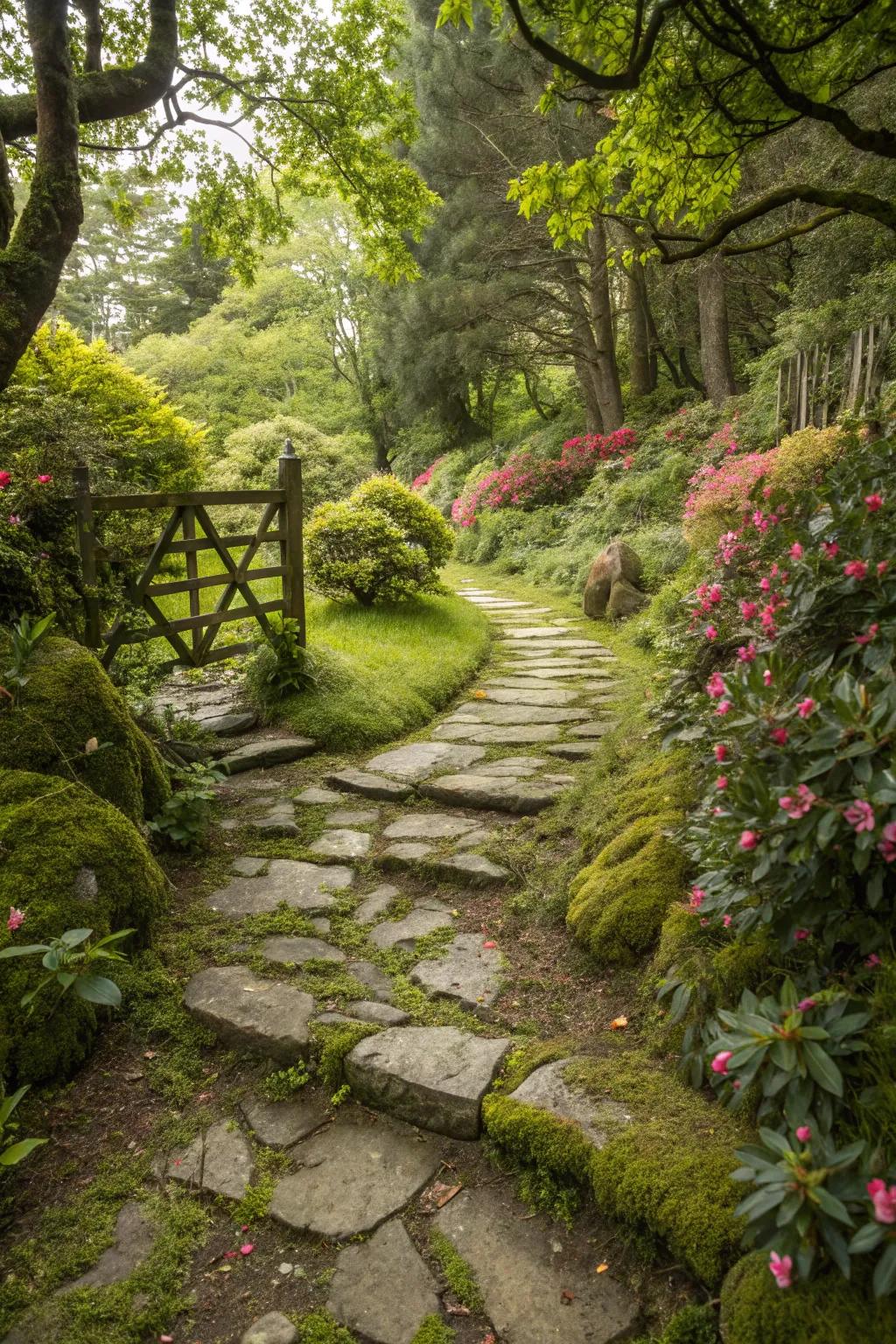 A stone pathway elegantly guides you through a verdant garden.