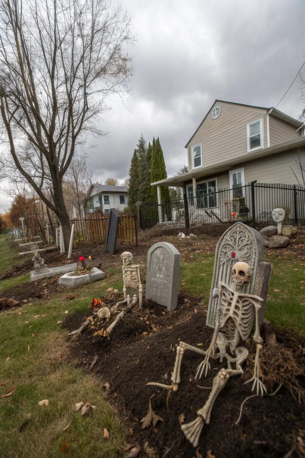 Create a creepy cemetery with tombstones and skeletons.