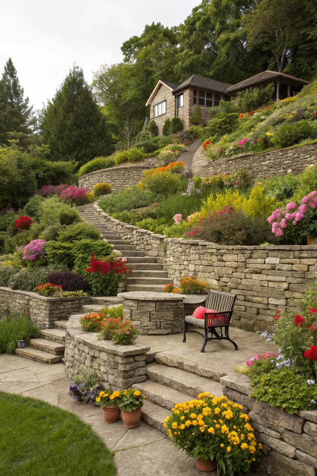 Terraced retaining walls add structure and style to a sloped garden.